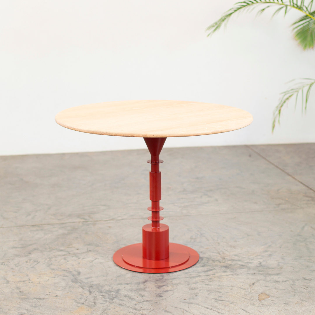 Afro Scandi Round Cafe Table - Light Oak + Oxide Red