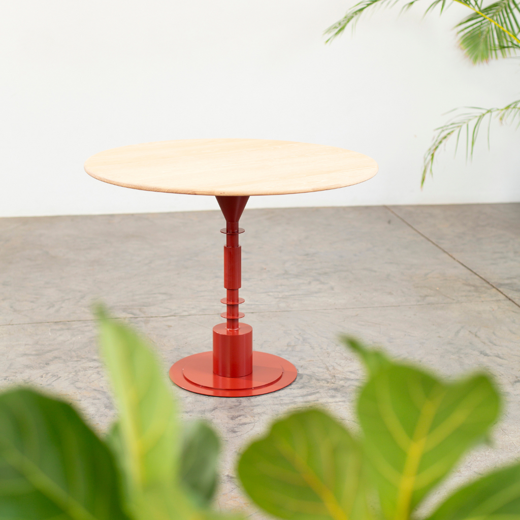 Afro Scandi Round Cafe Table - Light Oak + Oxide Red