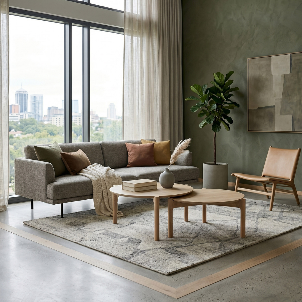 Solid oak nesting coffee table in modern setting