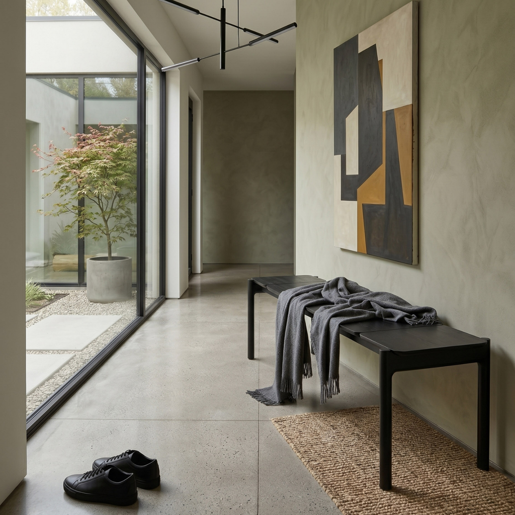 Modern interior featuring a solid oak bench in ebony