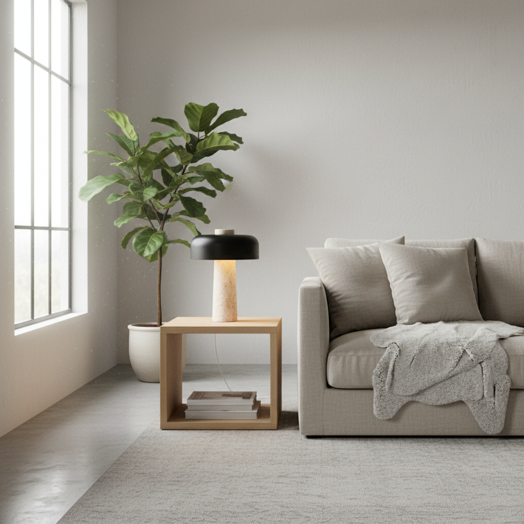 A mushroom-shaped table lamp with a matte black dome-shaped shade and a textured beige concrete base, shown against a light gray background.