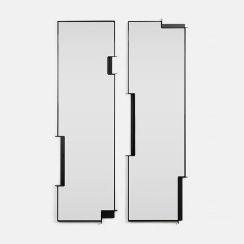 Two abstract mirrors with thin black frames, shown side by side against a light gray background.