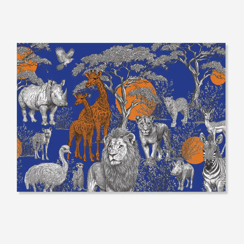 A rectangular art print or poster featuring a safari scene with illustrated animals including a lion, giraffe, rhinoceros, zebra, elephant, and ostrich, set against a deep blue background with orange sun motifs and gray tree silhouettes.