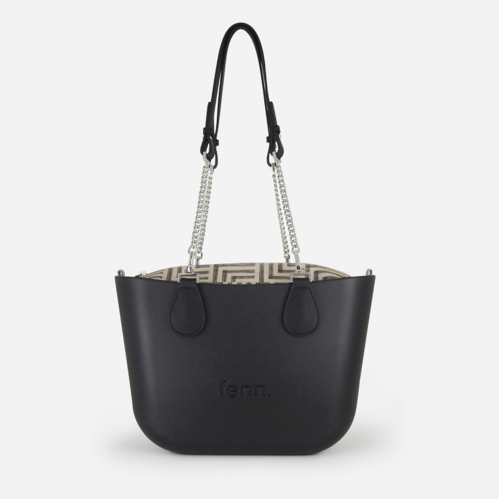 Petite Handbag - Black - Geometric Inner - Silver Chain