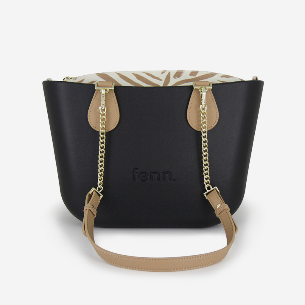 Petite Handbag - Black - Stripe Inner - Light Tan Handle - Gold Chain