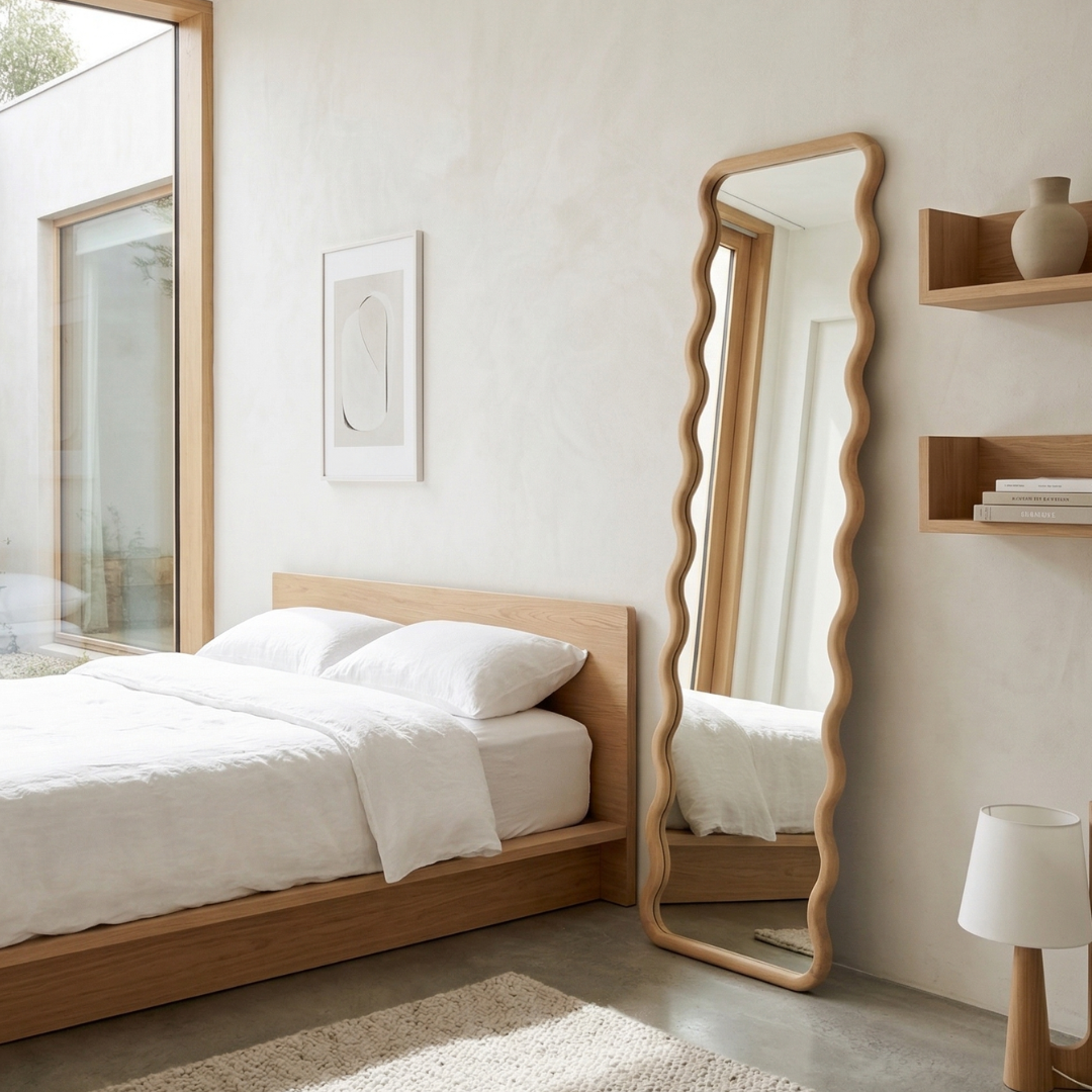 Wavy Standing Mirror - Solid Oak