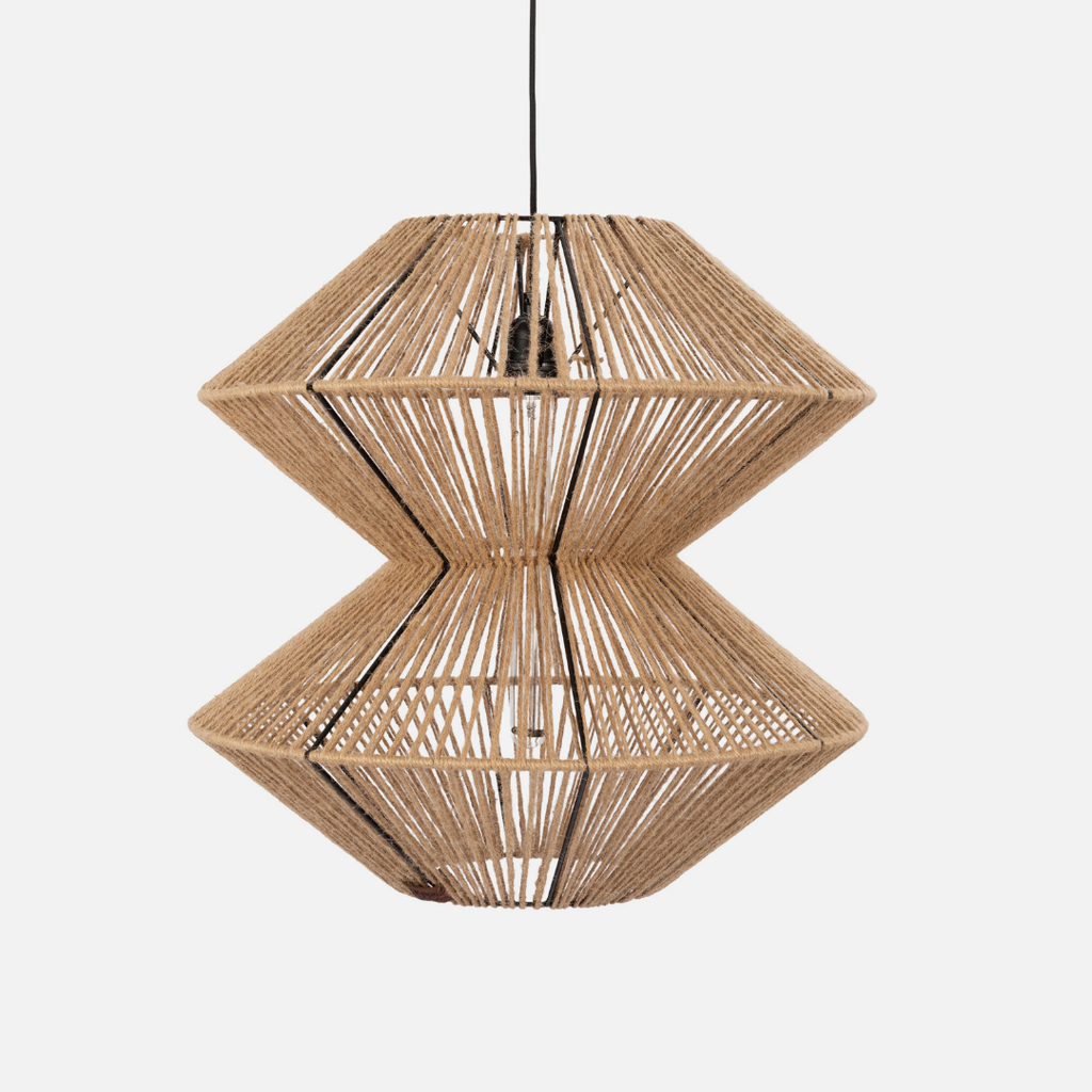 Woven rattan pendant light on a white background