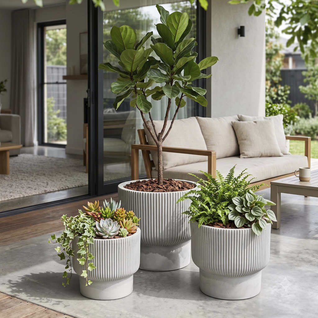 Grooved Footed Planter Set Of 3 - Green
