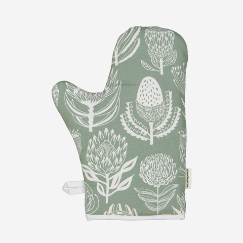 Single Oven Glove - Floral Kingdom White On Sage