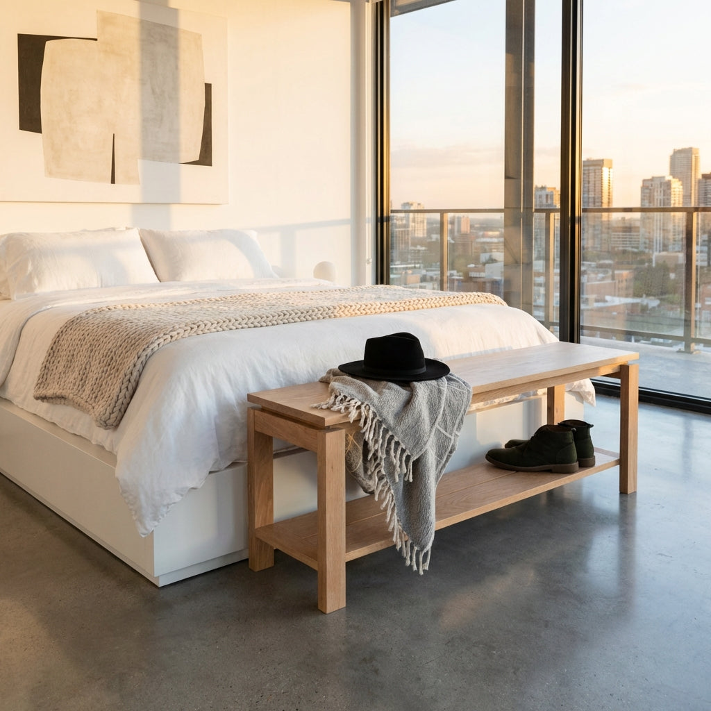 Modern bedroom with a bed, wooden bench, and cityscape view.