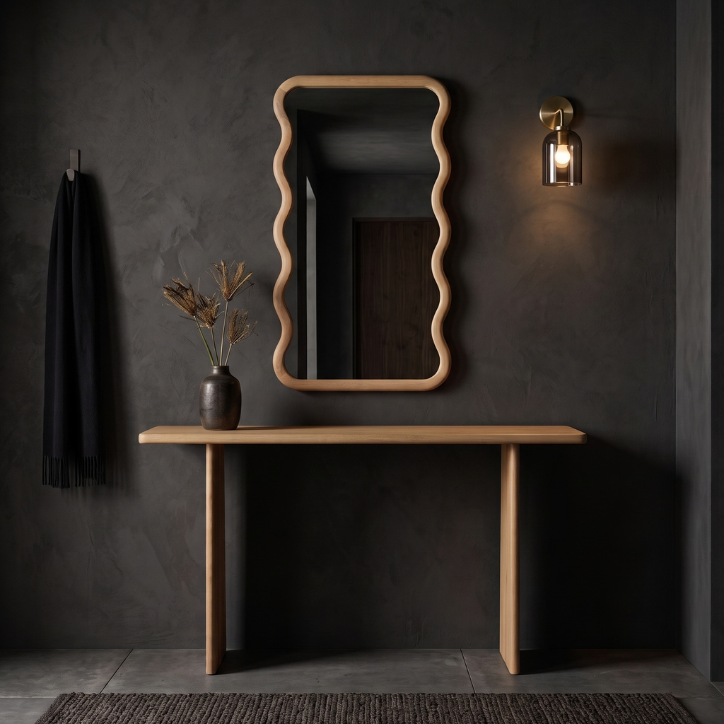 A solid oak vanity mirror and server in a modern moody setting