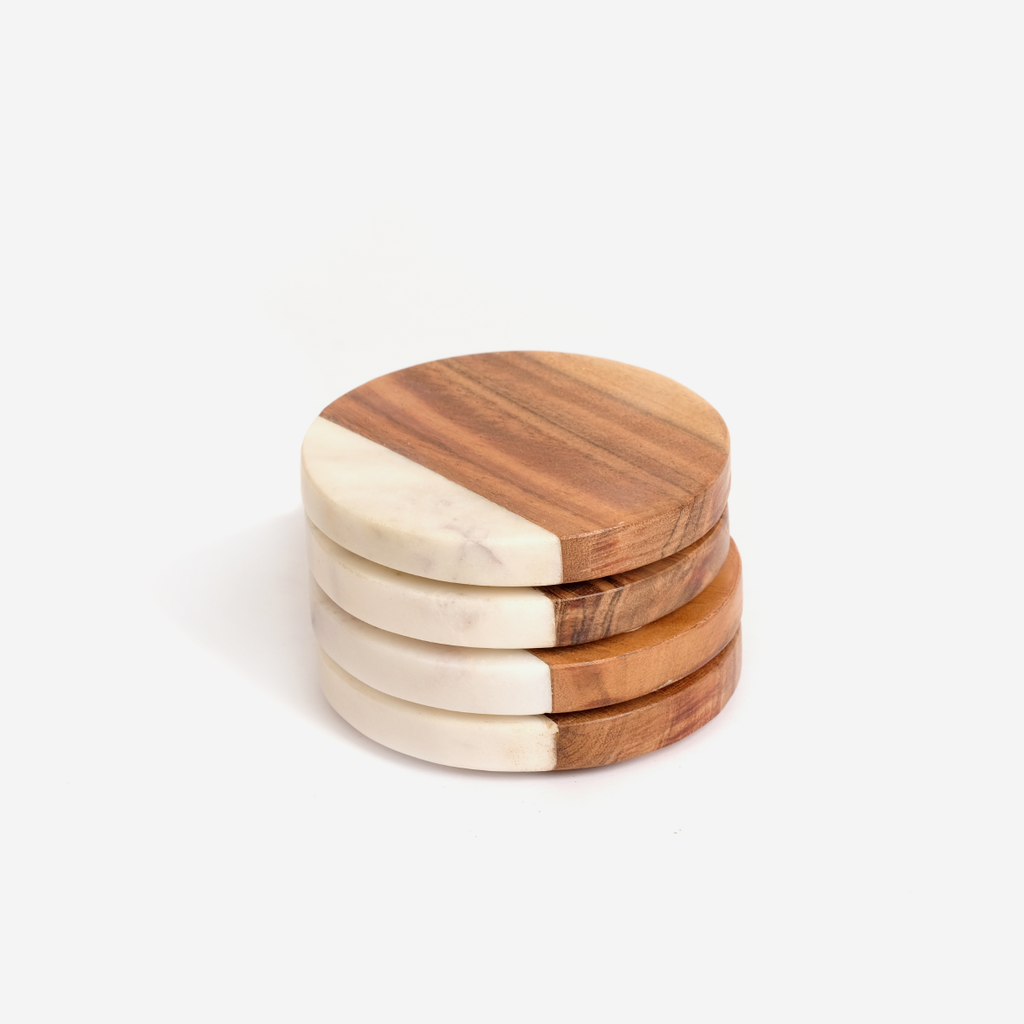 Wood & Marble Round Coaster Set - White