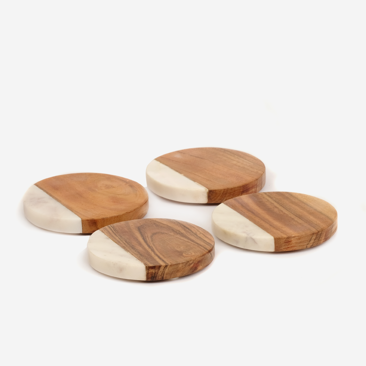 Wood & Marble Round Coaster Set - White