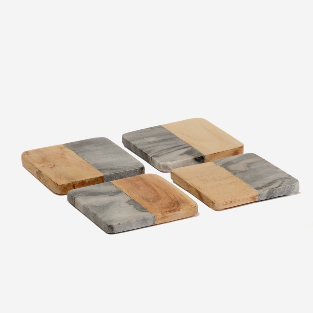 Wood & Marble Square Coaster Set - Black