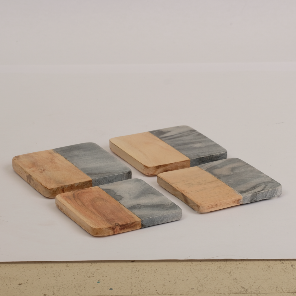 Wood & Marble Square Coaster Set - Black