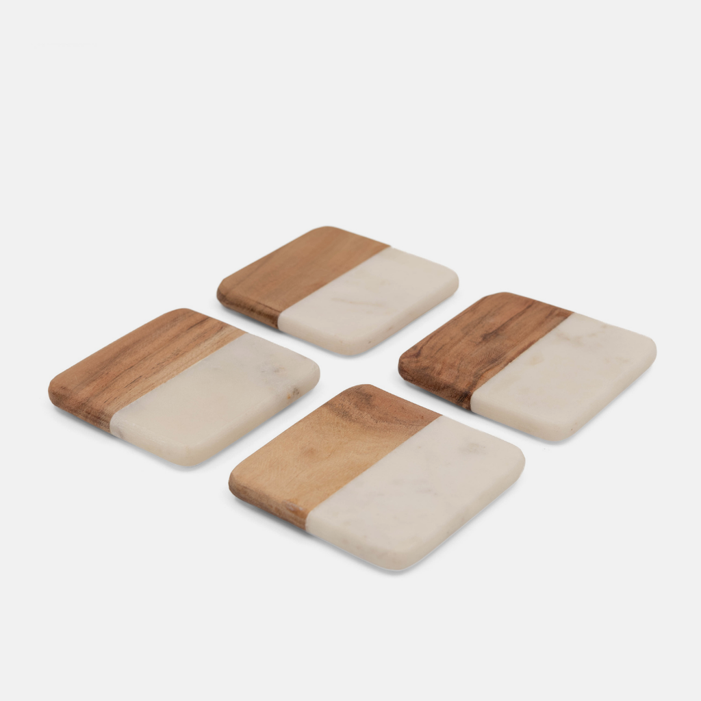 Wood & Marble Square Coaster Set - White