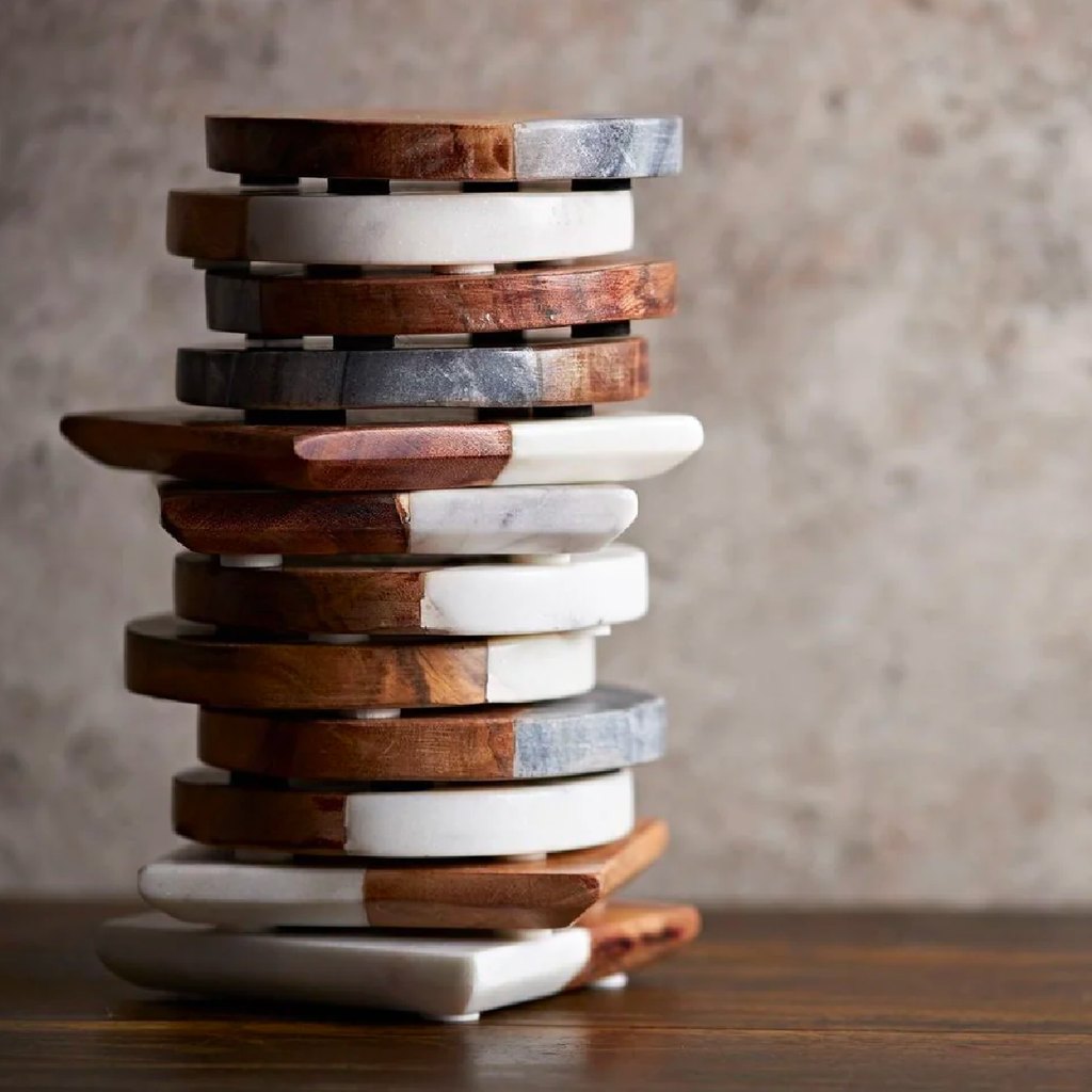 Wood & Marble Round Coaster Set - White
