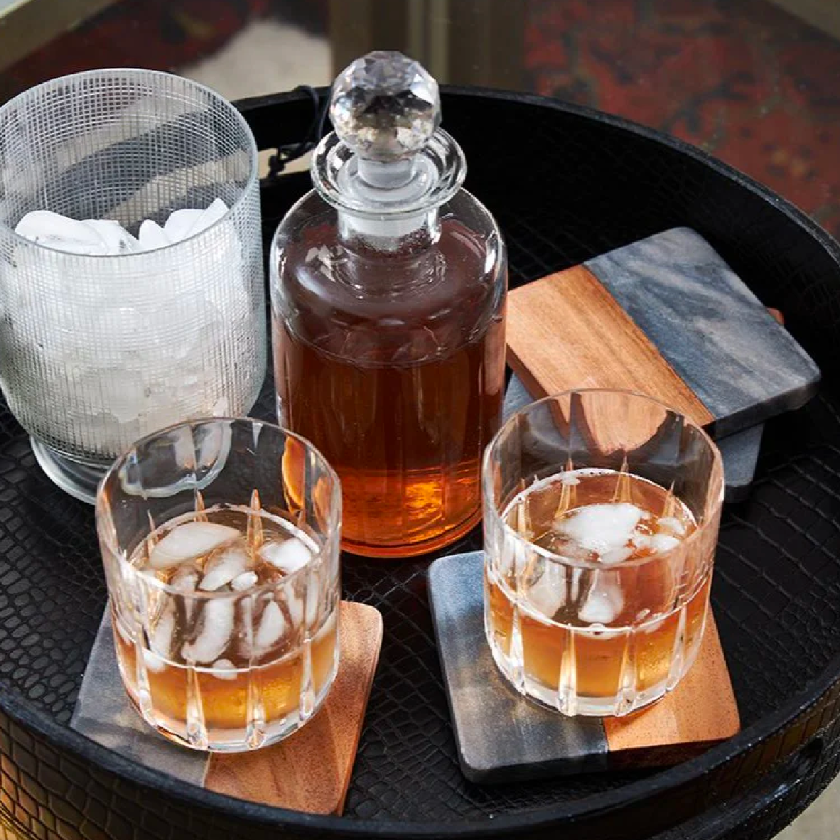 Wood & Marble Square Coaster Set - Black