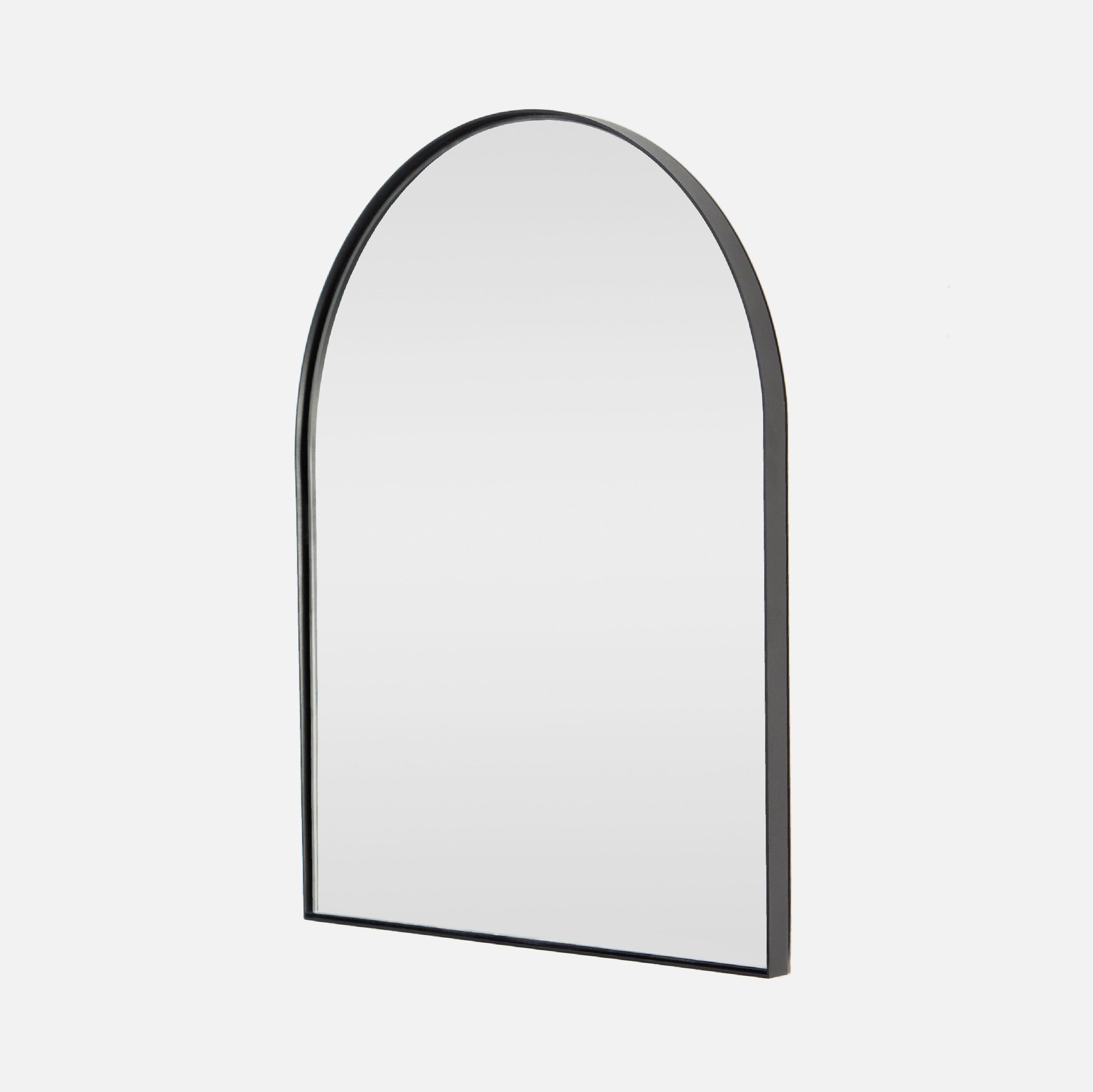 A black, powder-coated, deep frame arch mirror with a clear glass reflective surface.
