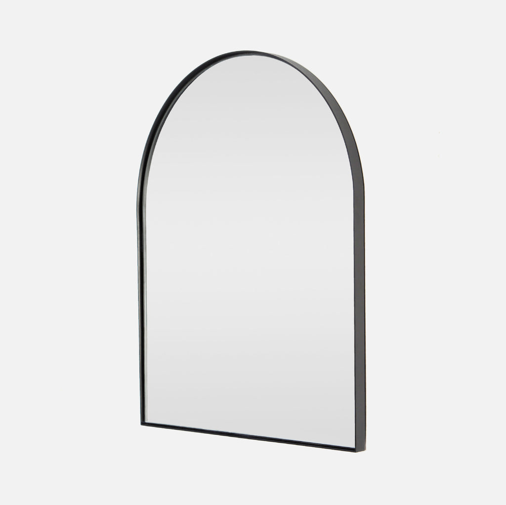 A black, powder-coated, deep frame arch mirror with a clear glass reflective surface.