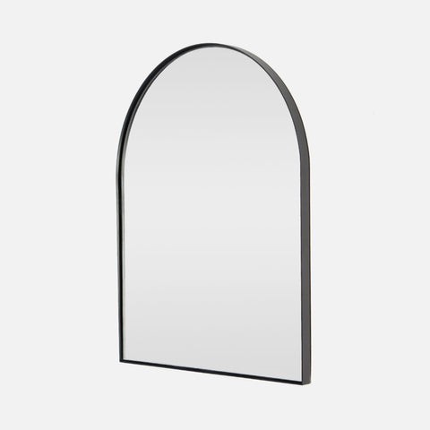 A black, powder-coated, deep frame arch mirror with a clear glass reflective surface.